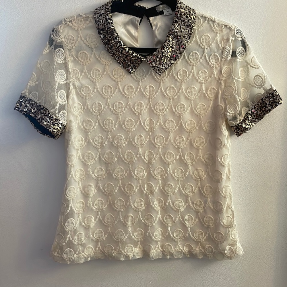 ISSI Embroidered Sheer Cami Top, Sequin Collar & Cuffs Size Medium EUC